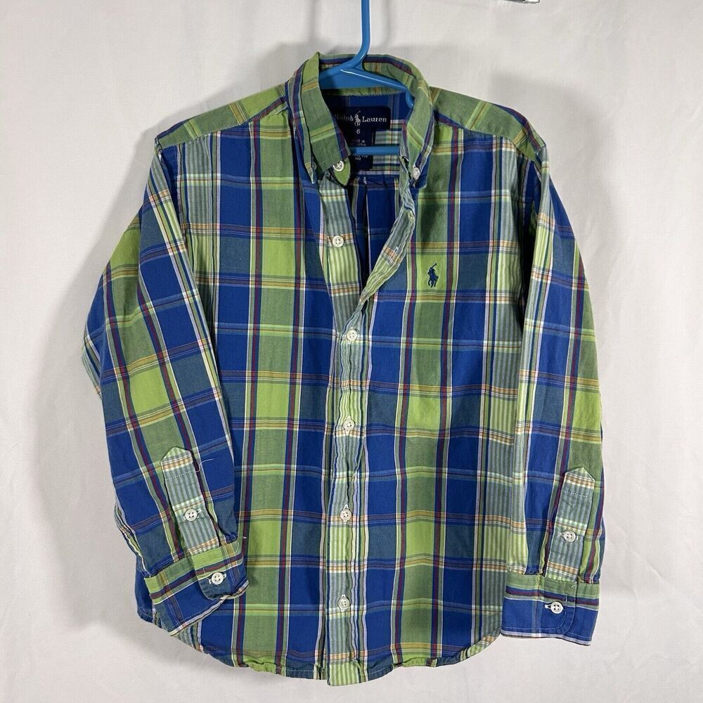Ralph Lauren Dress Shirt Boys 6 Green Blue Plaid Button Up Long Sleeve Cotton